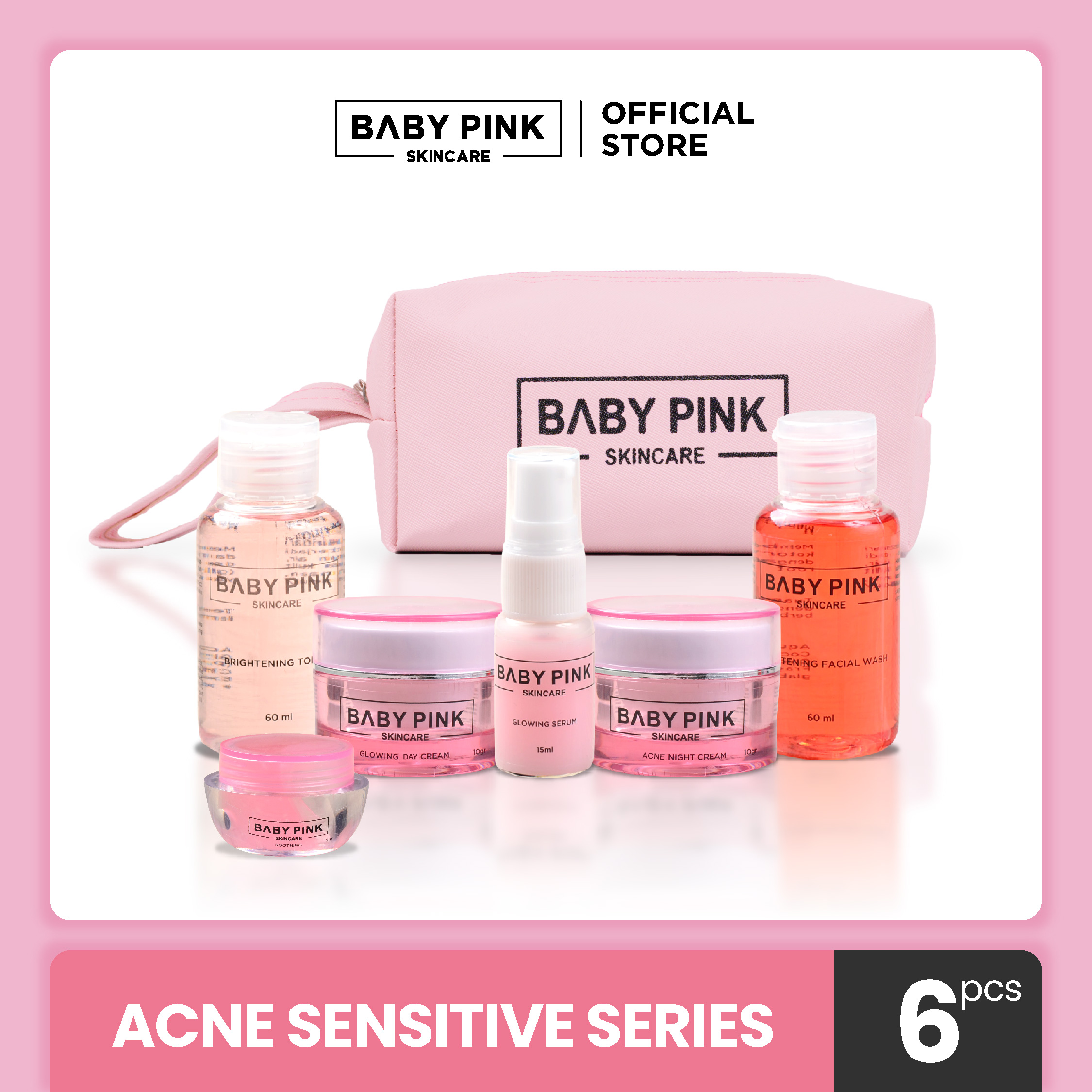 Baby Pink Skincare (6Pcs) Paket Acne Sensitif Series Resmi BPOM & Halal MUI dengan Soothing Gel